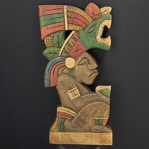 Mexican Hand Carved & Painted Wooded Mayan Aztec 12" Folk Wall Art w/Headdress